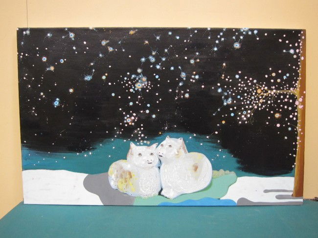 HUMPHREY, DAVID AND JENNIFER COATES (Amer. 20th C.: Acrylic on canvas "Kittens at Night." Signed, titled, dated 2004 on verso. 26 x 42"