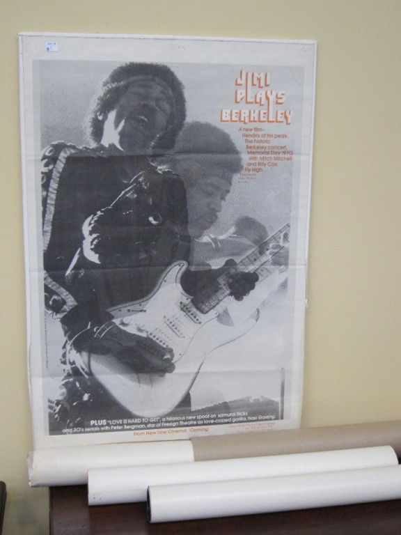 JIMI HENDRIX "JIMI PLAYS BERKELEY" FILM POSTER: 1973, of the 1970 concert. 34 x 22". Along with two oversized color promo posters.