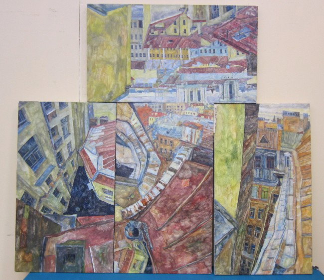 VORONIN, SERGEI (Rusian, 20th /21st Century): Tempera on canvas. Polyptych. Four canvases "Air Raid Warning" signed, labeled, dated 2005 on verso. Each measures 15.5" x 27.5"