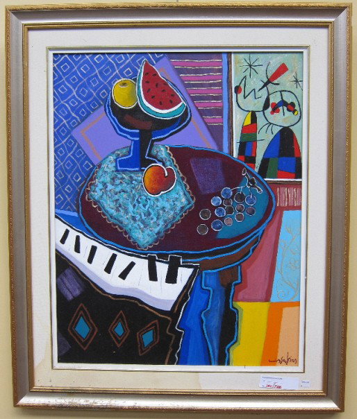 MISSAKIAN, BERGE (CANADIAN, b.1933): Oil on canvas. "Jazz on a Red Note." Signed lower right and on verso with the title. 28 x 22."