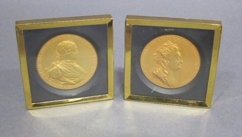 PAIR RUSSIAN MEDALLIONS: One designed by C. Leberecht of Catherine the Great, the other of Peter the Great. Diam. each 2 1/4." Boxed.