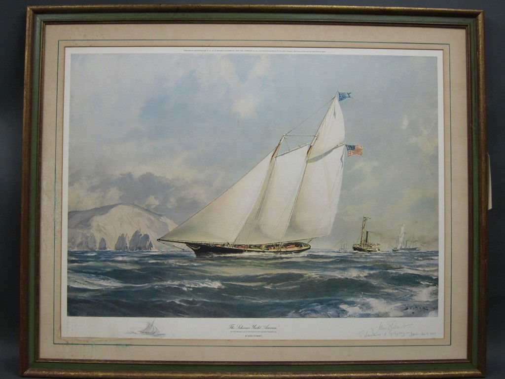 Stobart, John (b. 1929, American): A colored lithograph on paper. Titled "The Schooner Yacht America" pencil signed lower right John Stobart and dated Nov. 19th 1967. Numbered lower left 8/10 with remarque. Published in a limited editi