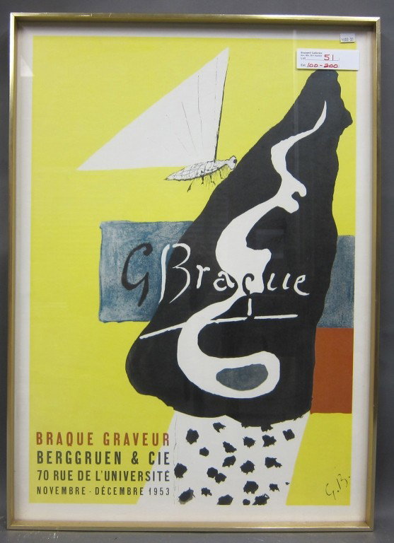 Braques, Georges (1882 - 1963, French): A framed vintage exhibition poster, 1953. Initaled in plate lower right G.B. Measures 27½" x 19½"