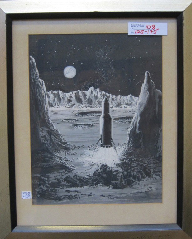 ILLUSTRATION: A black, white and gray gouache on paper. Depicting a rocket ship on the moon. Initialed lower left H.M. Custom matted and framed. 15" x 12".