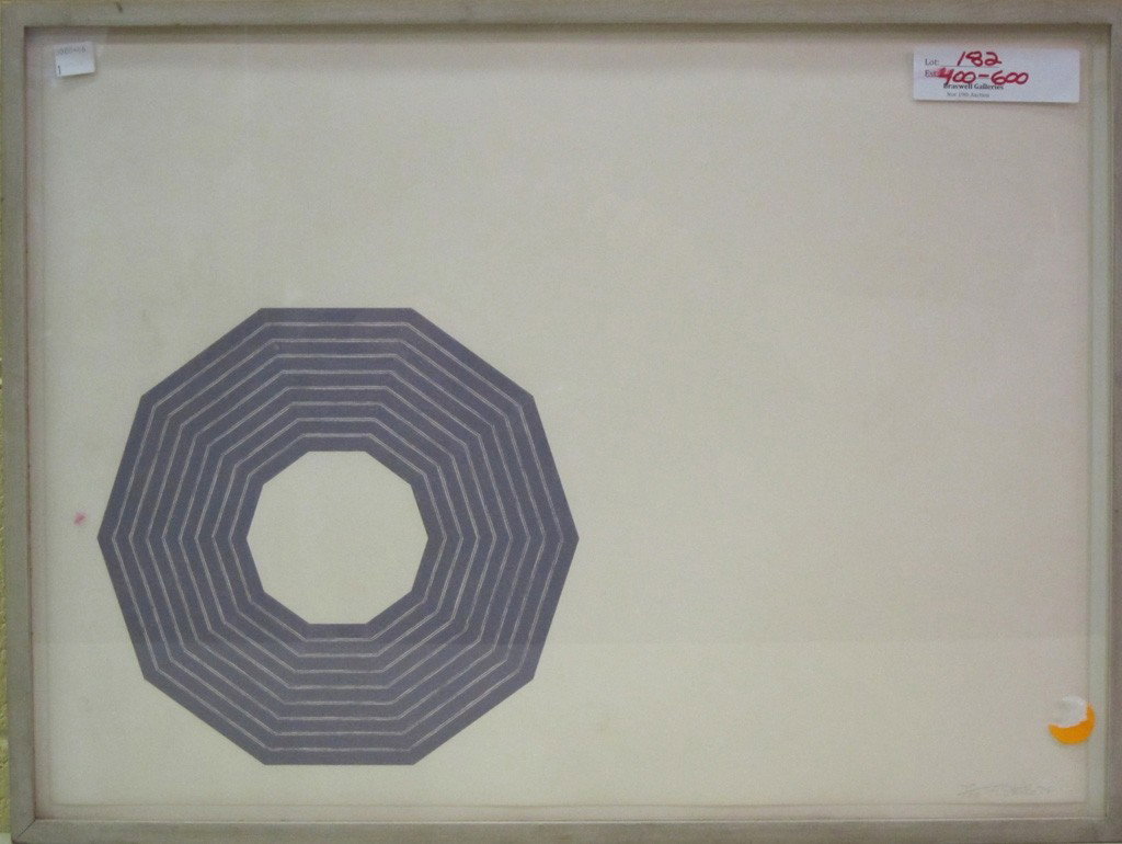 STELLA, FRANK (BORN 1936, AMERICAN): Colored lithograph from "purple series" Signed lower right in pencil F. Stella, dated '72 and numbered 79/1000, Bears Gemini blind stamp lower right. Full paper. 16" x 22".