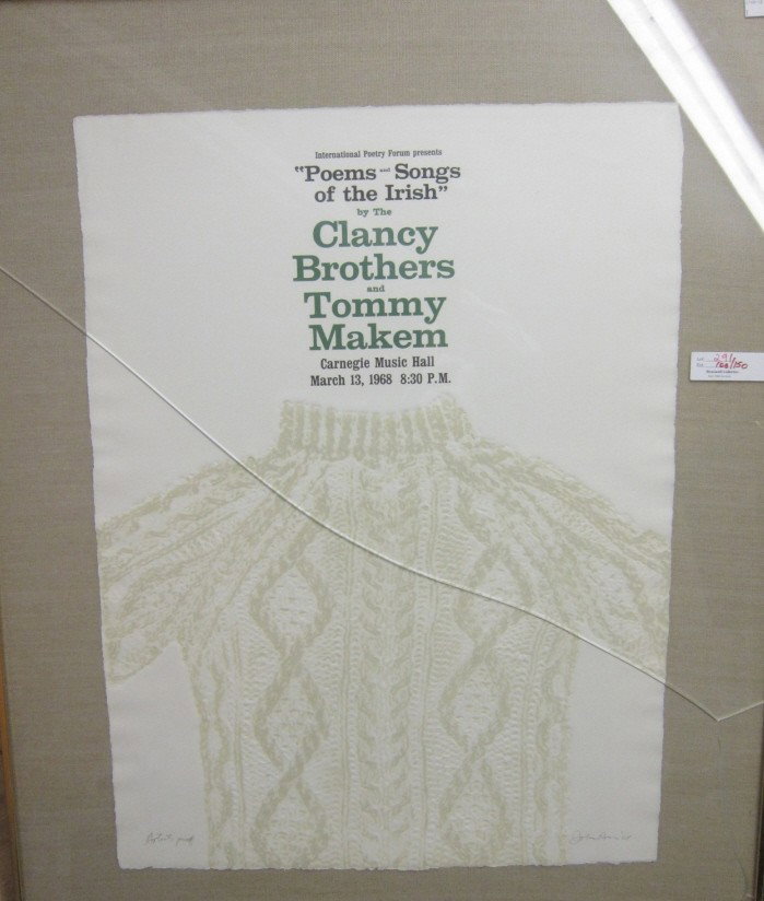 MODERN LITHOGRAPH POSTER: Embossed color lithograph with Irish sweater motif. Carnegie Music hall, 1968, "Poems and Songs of the Irish." By John ross. Pencil signed lower right, artist's proof lower left. 31 x 23" full paper.