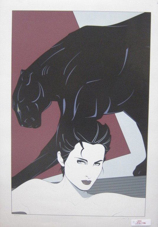 LITHOGRAPH: A 20th century contemporary colored lithograph on paper with full margins. Depicting a woman and a black panther. Illegibly signed lower right in pencil and pencil numbered lower left 54/75.