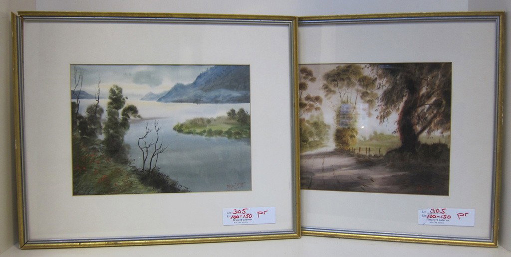 ORTUZAN, MARIANO (20TH CENTURY, CHILEAN): A pair watercolors on paper. One depicting a bay landscape, the other a country road. Both signed lower right M. Ortuzar. Custom matted and gilt framed. 8.5" x 11.25", each.