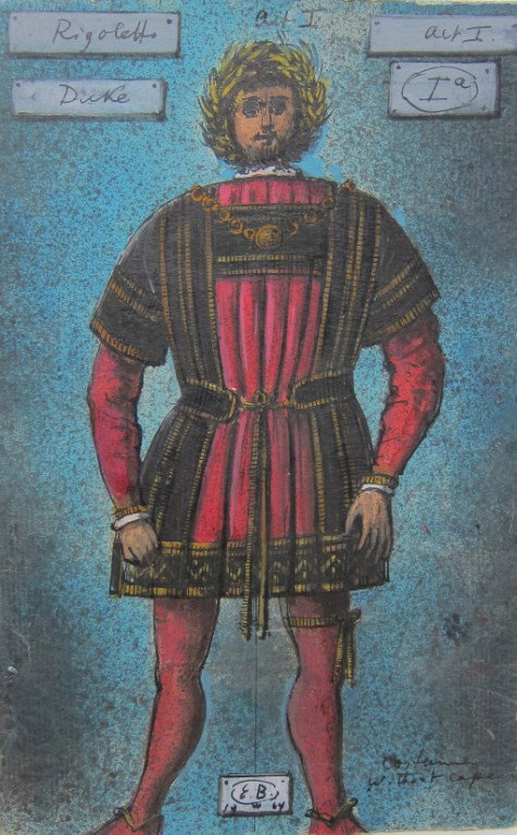 BERMAN, EUGENE (AMERICAN, 1899-1972): Ink and watercolor on paper. Costume design for the Duke in "Rigoletto," Act I. Monogrammed lower center. 9.75 x 6.25" full paper.