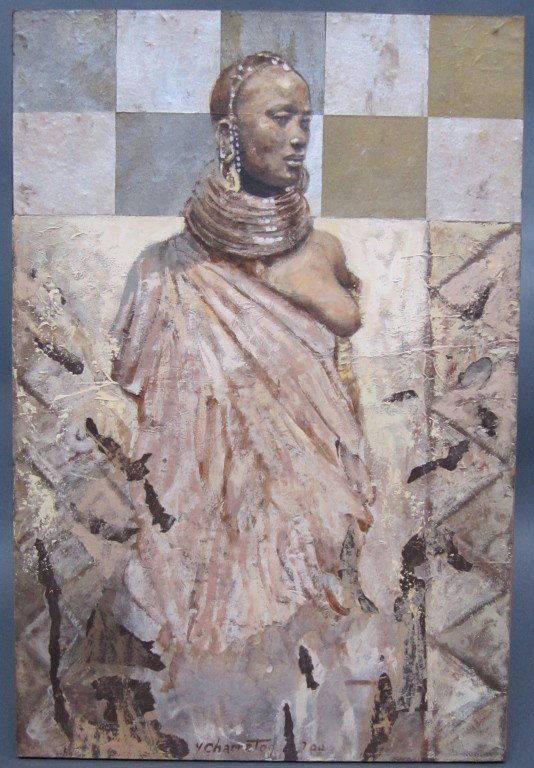 CHARRETON, YVES (born 1953, French): Mixed media on masonite. Titled: "Princesse". Depicting an African princess. Signed lower middle Y. Charreton and dated 2000. 29" x 19.75"