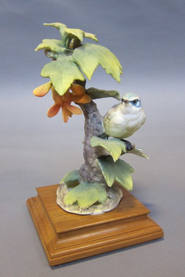 ROYAL WORCESTER D. DOUGHTY CERULEAN WARBLER HEN: With maple. 1965. H. 9." Artist signed. With box.