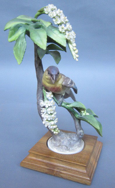 ROYAL WORCESTER D. DOUGHTY LAZULI BUNTING HEN: With Choke Cherry. 1962. H. 11." Artist signed. With box.