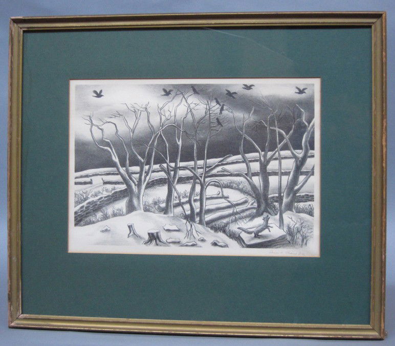 FIENE, ERNEST (AMERICAN, NY, 1894-1965): Lithograph. "Winter Morning." Fox and crows in a winter landscape. Pencil signed lower right. 9 x 13" sight.