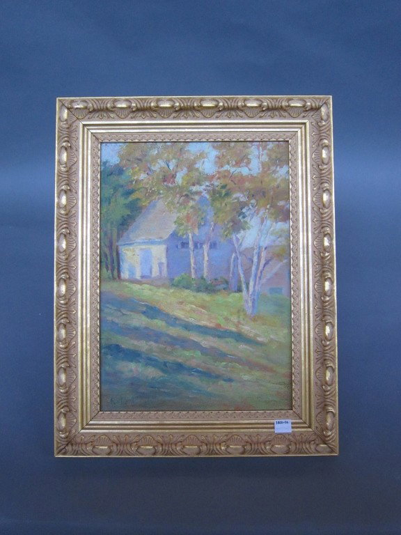20TH C. AMERICAN SCHOOL: Oil on board. Landscape with house and birch trees. Signed lower left (Robert.....). 14 x 10."