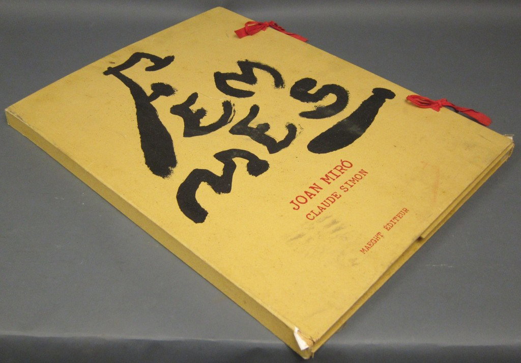 JOAN MIRO & CLAUDE SIMON "FEMMES" PORTFOLIO: Maeght, Paris 1965. 22 x 17.75." Edition of 50. With two red and black Miro wood prints and 23 color lithographs. Text pp. 9-20.
