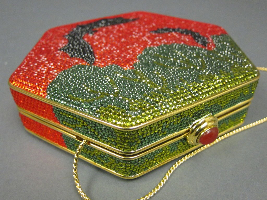 JUDITH LEIBER EVENING BAG WITH ACCESSORIES: Crystal Halloween theme evening bag with Jack-o-lantern and bats. With hidden long chain shoulder strap. Bag 5.5 x 6.5." Along with Gold leather coin purse, purse mirror with stand and miniature comb 