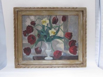 HARTMAN, C. BERTRAM (1882-1960, American): Oil on canvas. Depicting a floral still life comprised of red tulips and yellow daffodils. Signed lower left Bertram Hartman. 26" H x 32'W