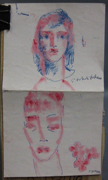 TCHELITCHEV, PAVEL (1898-1957, Russian): A blue ink and pink wash on paper. Depicting two female portrait sketches with flowers on the reverse of a Mary garden piano recital program. Signed in black ink P. Tchelitchev upper middle. Unframed.