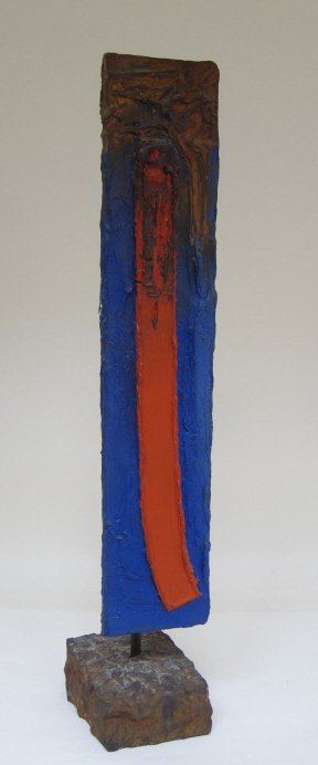 ASSETTO, FRANCO (born 1911, ITALIAN): Mixed media two sided sculpture. Abstract composition executed in red, blue, purple and brown tones. Signed on base Assetto and dated '60. 4" L x 5.5" W x 24" H Provenance: From a Fine Chappaqua, NY H