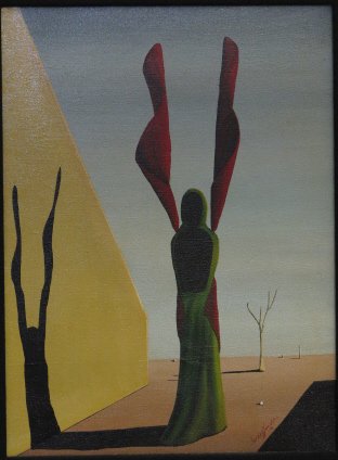SANCHEZ, JORGE (born 1938, Dominican): Oil on canvas. Depicting a surreal landscape with a cloaked figure. Signed lower right Jorge Sanchez. Also signed on verso dated May 14, '63 New York. 16" H x 12" w