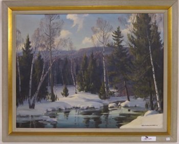 ENGELHARDT, EDNA PALMER (1897-1991, American):: Oil on canvas. Titled: "Hush Waters", on verso. Depicting a winter purple mountain extensive landscape with river. Signed lower right Edna Palmer Engelhardt and dated '64. 28 x 36" Provenance: Grand C