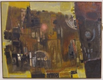 CHAVEZ, EDWARD ARCENIO (1917-1995, American): Oil on canvas. Titled on verso: "Second Wish." Depicting an abstract composition cityscape. Executed in brown, orange and yellow tones. Signed lower right Chavez. 32" H x 42" W Provenance: John Heller