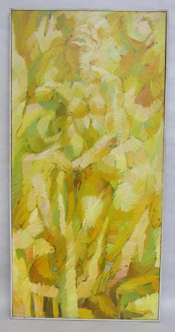CUSUMANO, STEFANO (AMERICAN, NY, 1912-1975): Acrylic on canvas. "Summer Light." Seated female nude in yellow. Signed, dated 59 lower right. Titled, signed on the stretcher. 70 x 40."