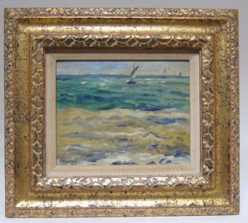 CHAUVET, FLORENTIN-LOUIS (FRENCH, 1878-1958): Oil on canvas board. "Le Treport." Seascape with sail boat. Signed lower left, titled in pencil on verso. 8 x 10."