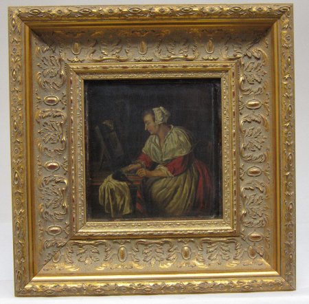CA. 18TH C. CONTINENTAL SCHOOL OIL ON PANEL: Genre scene with woman at a table looking into a mirror. 8.75 x 8." Old framing lines visible.