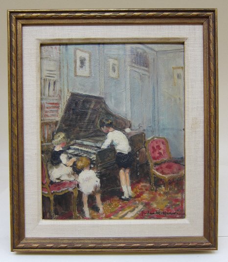 HERVE, JULES RENE (FRENCH, 1887-1981): Oil on board. Children playing the piano. Signed lower right and on verso. 10.5 x 8.75."