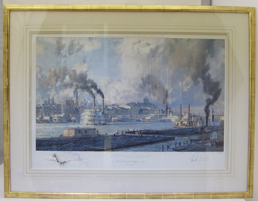 STOBART, JOHN (AMERICAN, b.1929): Colored lithograph. "Pittsburgh, The Monongahela Waterfront in 1900." Pencil signed lower right, numbered 712/750. Initialed lower left in pencil with additional margin image numbered 112/150. Custom 