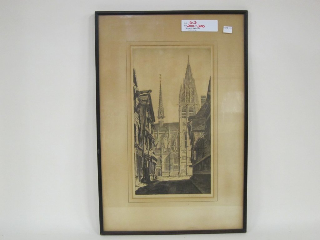 ARMS, JOHN TAYLOR (1887-1953, American): Dry point etching. Depicting a side street view of "Notre Dame". Signed lower right in pencil John Taylor Arms and dated 1931. Pencil numbered lower left Trial Proof XVII, II. Framed. The plate measur