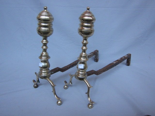 PAIR ANTIQUE GEORGE III ANDIRONS: Brass having bee hive finials on turned standards, raised on curved legs. resting on ball feet. H.14."