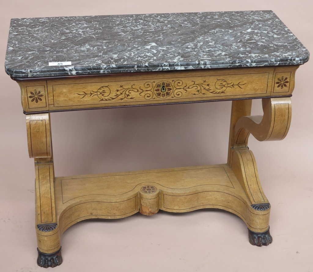 BIEDERMEIER CONSOLE TABLE: 19th Century satinwood with floral rosewood marquetry, fitted with a beveled grey marble top and one drawer. 31" H x 38" W x 18" D