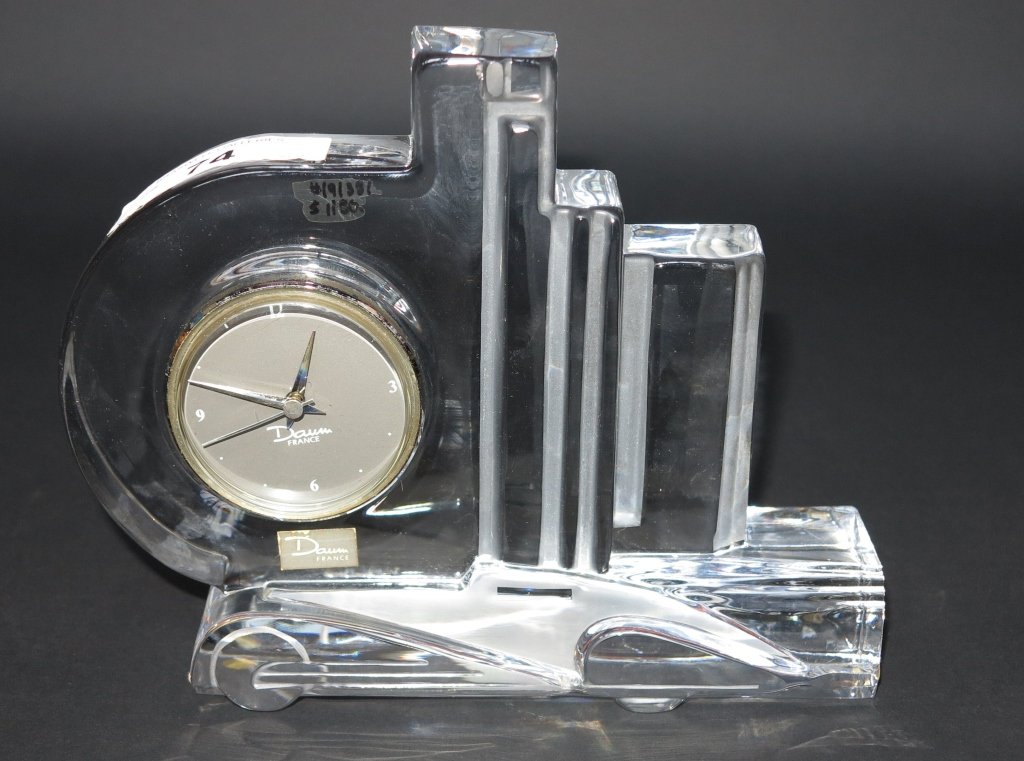 DAUM FRANCE CRYSTAL DECO STYLE CLOCK: With automobile form support. 7.5 x 9.5."
