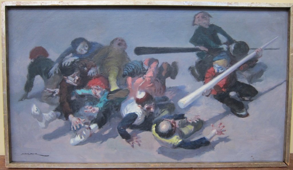 MONEDERO, MANUEL (1925-2002, SPANISH): Oil on canvas, depicting a billiard brawl with character figures,some wearing masks. Signed lower left. 24"x42.5"