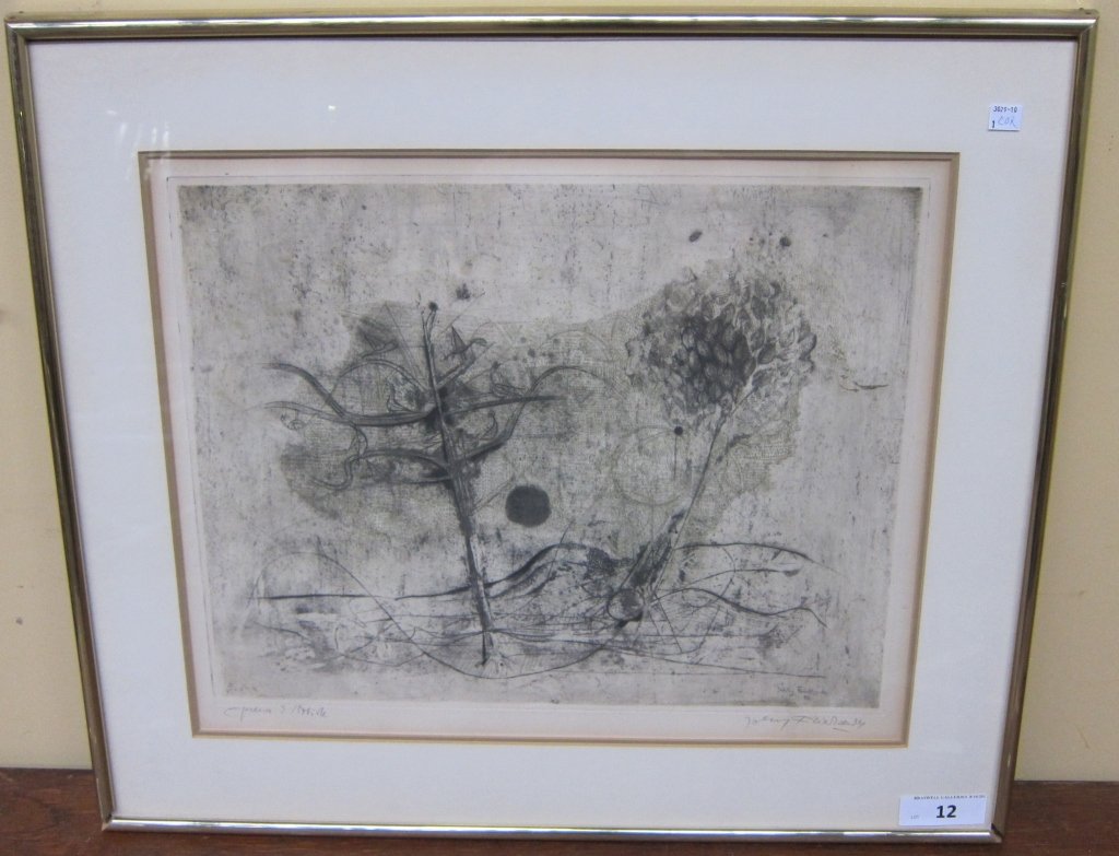 FRIEDLANDER, JOHNNY (FRENCH, 1912-1992): Etching, epreuve d'artiste. Landscape with birds and trees. Pencil signed below, signed in plate dated 52 lower right. 17 x 21" sight.