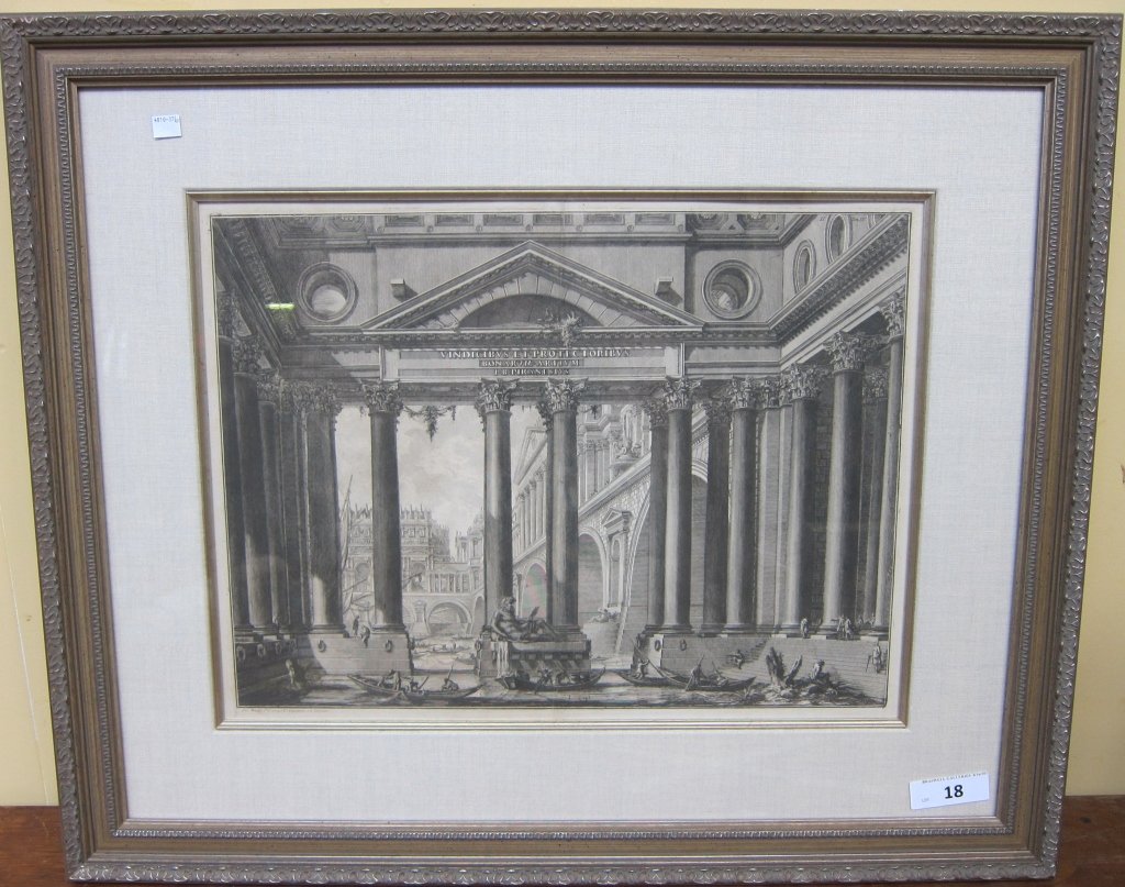 PIRANESI, GIOVANNI BATTISTA (ITALIAN, 1720-1778): Engraving. Artist's rendering of classical buildings on a river with figures. Signed in plate lower left, labeled on the architrave. 16.5 x 22" sight. Fold down the middle.