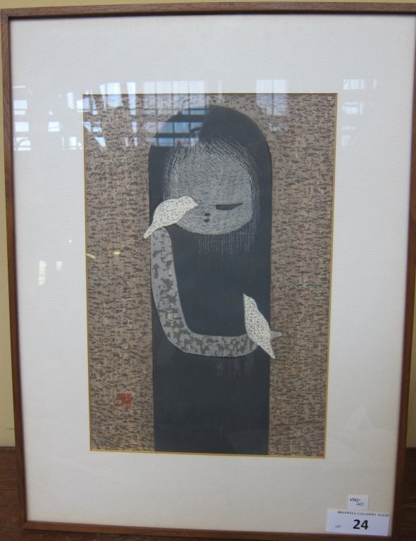 KAWANO, KAORU (JAPANESE, 1916-1965): Color woodcut. Girl with birds. Stamped lower left, name on verso. 14.75 x 9.75" sight.