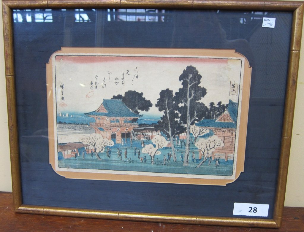 HIROSHIGE, ANDO (1797-1858, JAPANESE): Colored woodblock print, possibly depicting image from One Hundred Scenes of famous places in Edo Custom matted & gilt framed. 8.75 x 13.75" full paper.