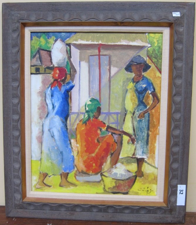 MODERN SIGNED CARIBBEAN GENRE OIL ON CANVAS: Figural group of woman outside a house. Signed lower right. 21 x 16."