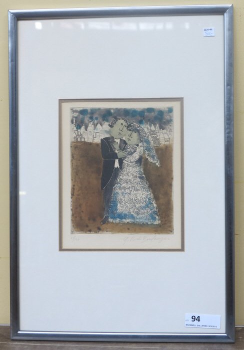 BOULANGER, GRACIELA RODO (BOLIVIAN, b.1935): Color etching. Bride and groom. Pencil signed, 23/120 below. 10.75 x 8.75" sight.