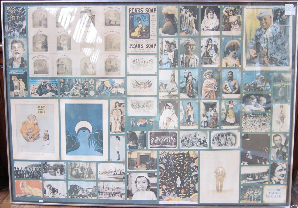 BLAKE, PETER (BRITISH, b.1932): Color print. "Studio Tackboard." Printed montage of antique cards and labels. Signed, dated 1971, numbered 69/100 lower right.