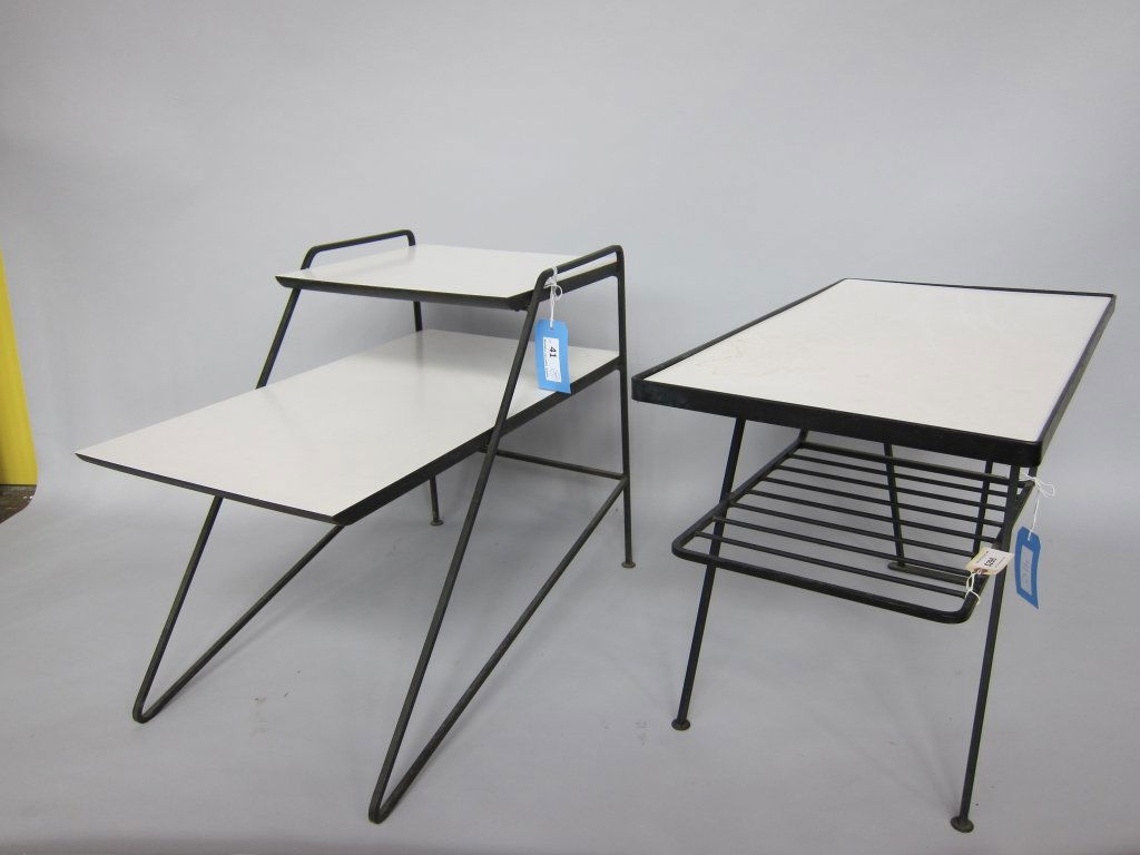 TWO MODERN SIDE TABLES: Two compatible mid 20th c. modern side tables. One a step table having two graduated white Formica tops raised on a block wrought iron angled base. The other having a rectangular white Formica top abo