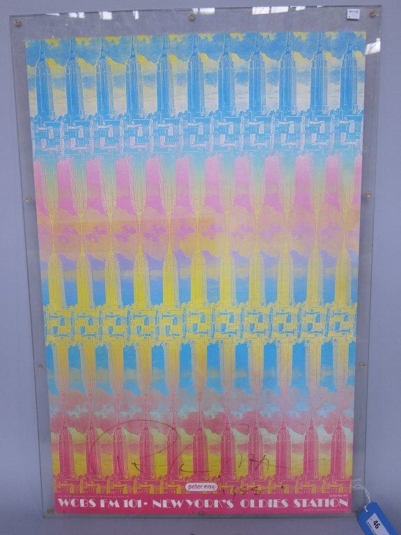 MAX, PETER ( born 1937, American): A 20th c. vintage color poster for " WCBS FM 101-New York's Oldies Station" Signed across bottom Peter Max and dated 1988. 36" H. x 23.5" W.