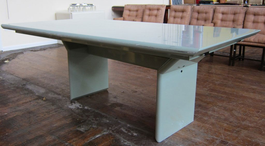DINING TABLE: A 20th c. custom modern mint gray/green lacquered dining table. The rectangular top raised on a matching lacquered "Y" form base. 83"L. x 44" W. x 31" H.