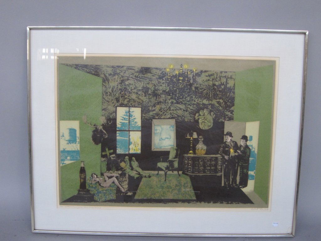 BURKERT, ROBERT RANDALL (born 1930, American): colored lithograph on paper. Titled: "The Interior (with Stan & Ollie)", lower left. Signed lower right in pencil Robert Burkert numbered 23/40 in pencil lower middle. Note: crack to glass. Mounted in