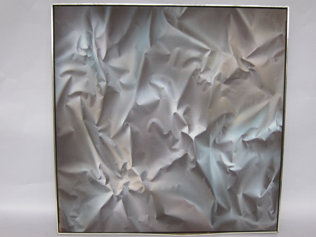 MACK , PETER: a 20th century modern acrylic on canvas , depict an abstract composition blue, gray, purple tones sign lower right peter Mack custom framed 48"x48"