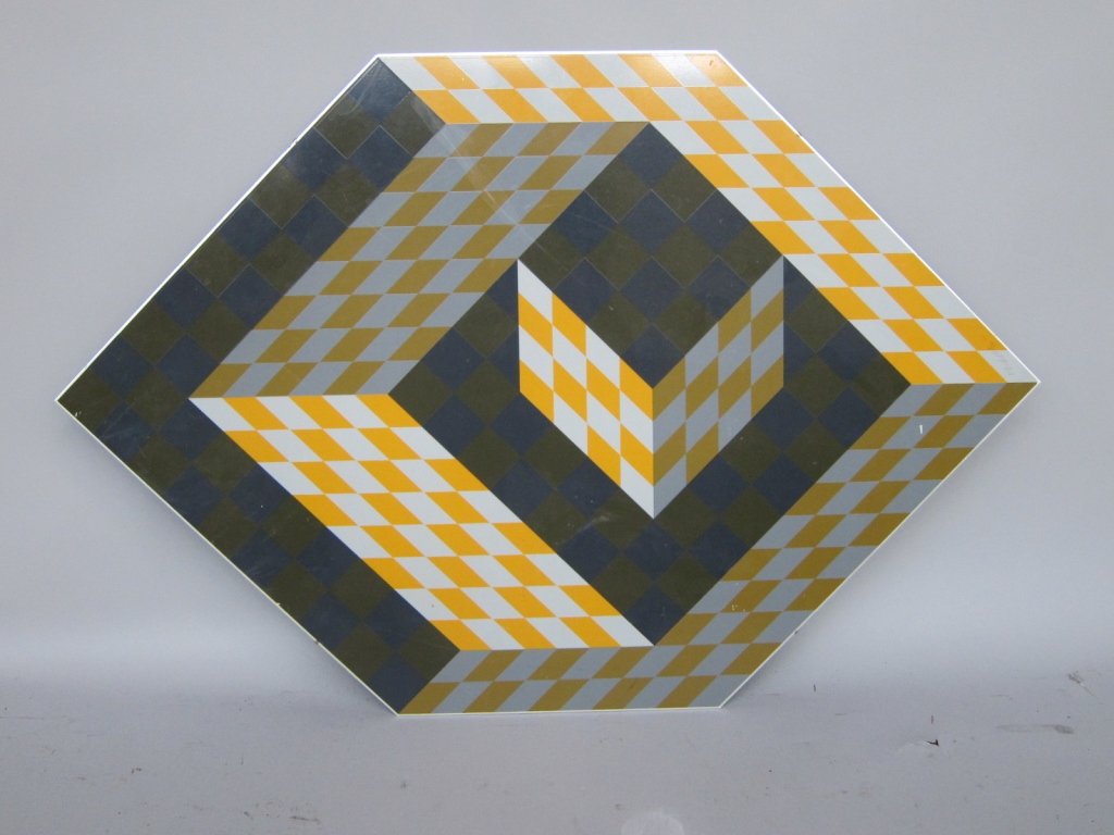 VASARELY, VICTOR (1906 - 1997, Hungarian): A colored lithograph on an aluminum panel. Geometric abstract composition in gray, blue and yellow tones. Signed Lower left Vasarely and numbered 106/250 lower right. Pre-sale Estimate: $