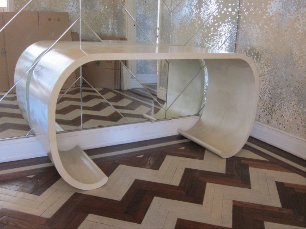 CONSOLE TABLE: 20th Century modern design In the manor of Karl Springer. Lacquer and woven material. Measures: L. 53, W. 23 3/4, H. 32 1/2" Provenance: Property from an exceptional Park Avenue, Manhattan, NY Estate.